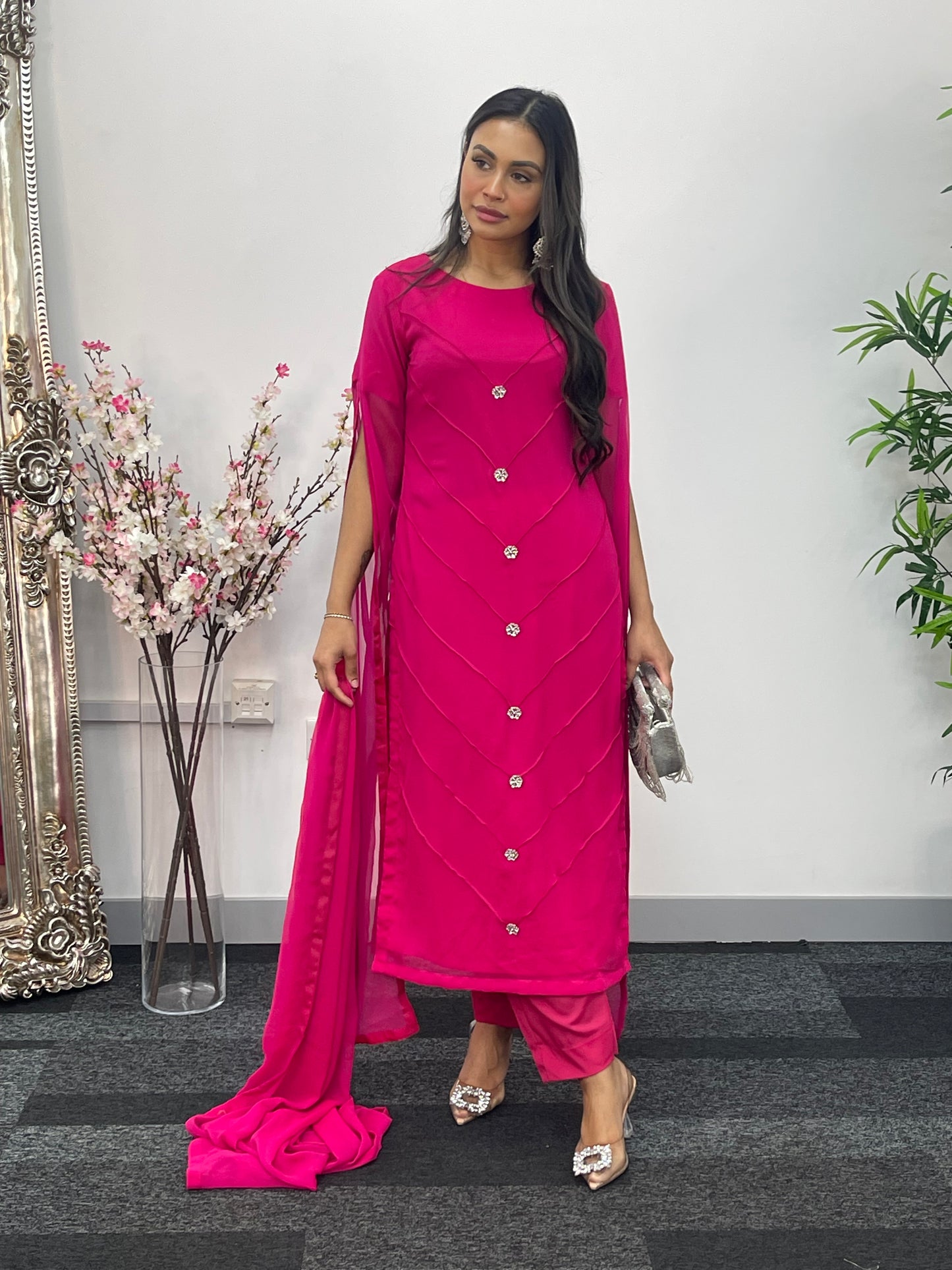 Hot Pink - Floor Length Sleeves - Chiffon Outfit -