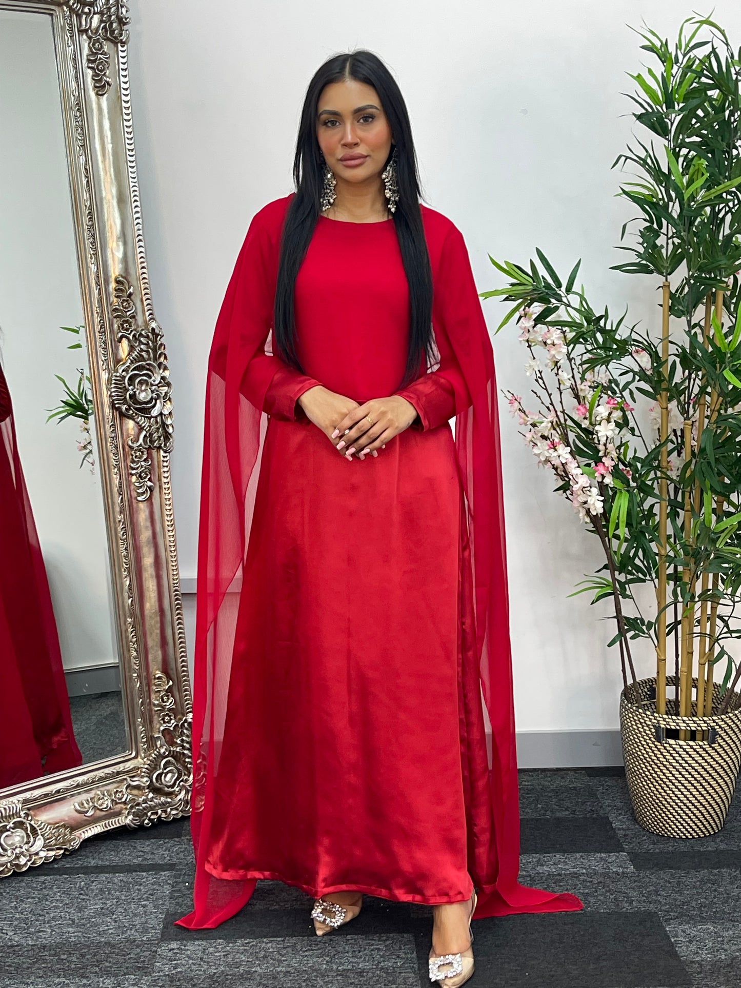 Cape Shawl Dress - Silk Chiffon - Red