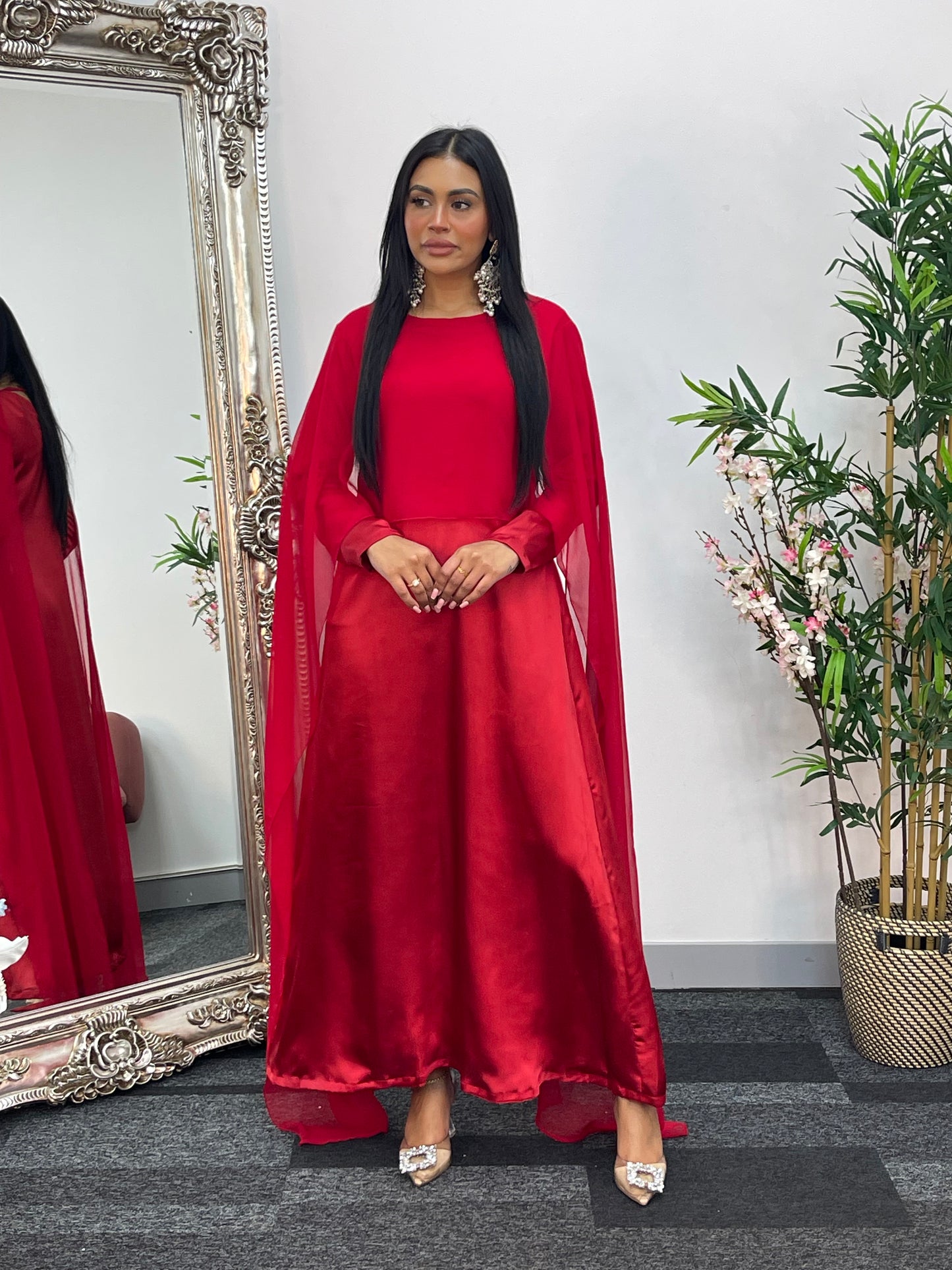 Cape Shawl Dress - Silk Chiffon - Red