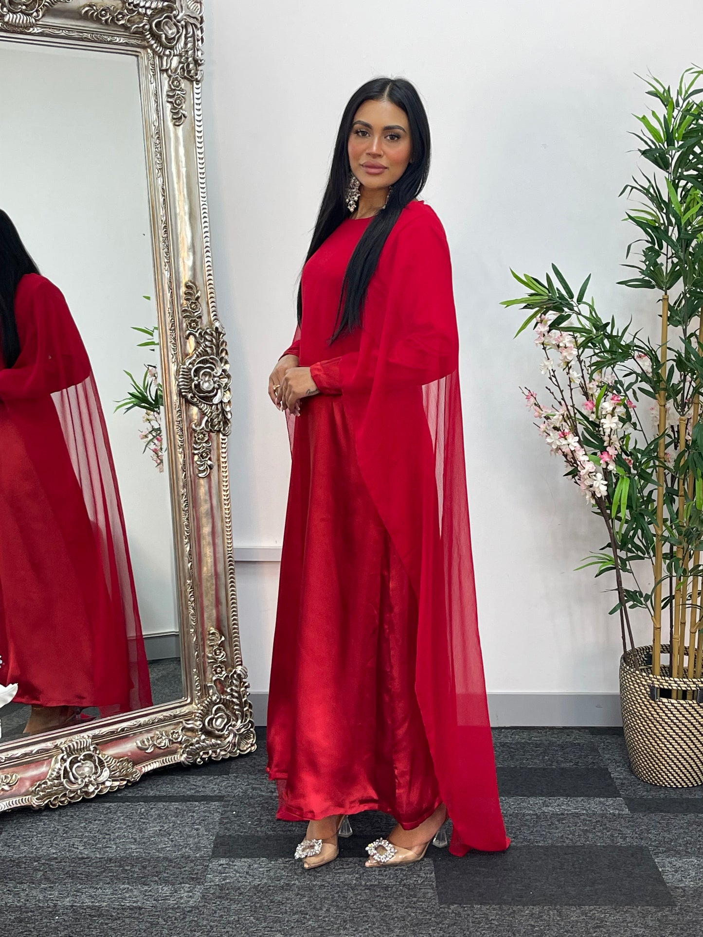 Cape Shawl Dress - Silk Chiffon - Red