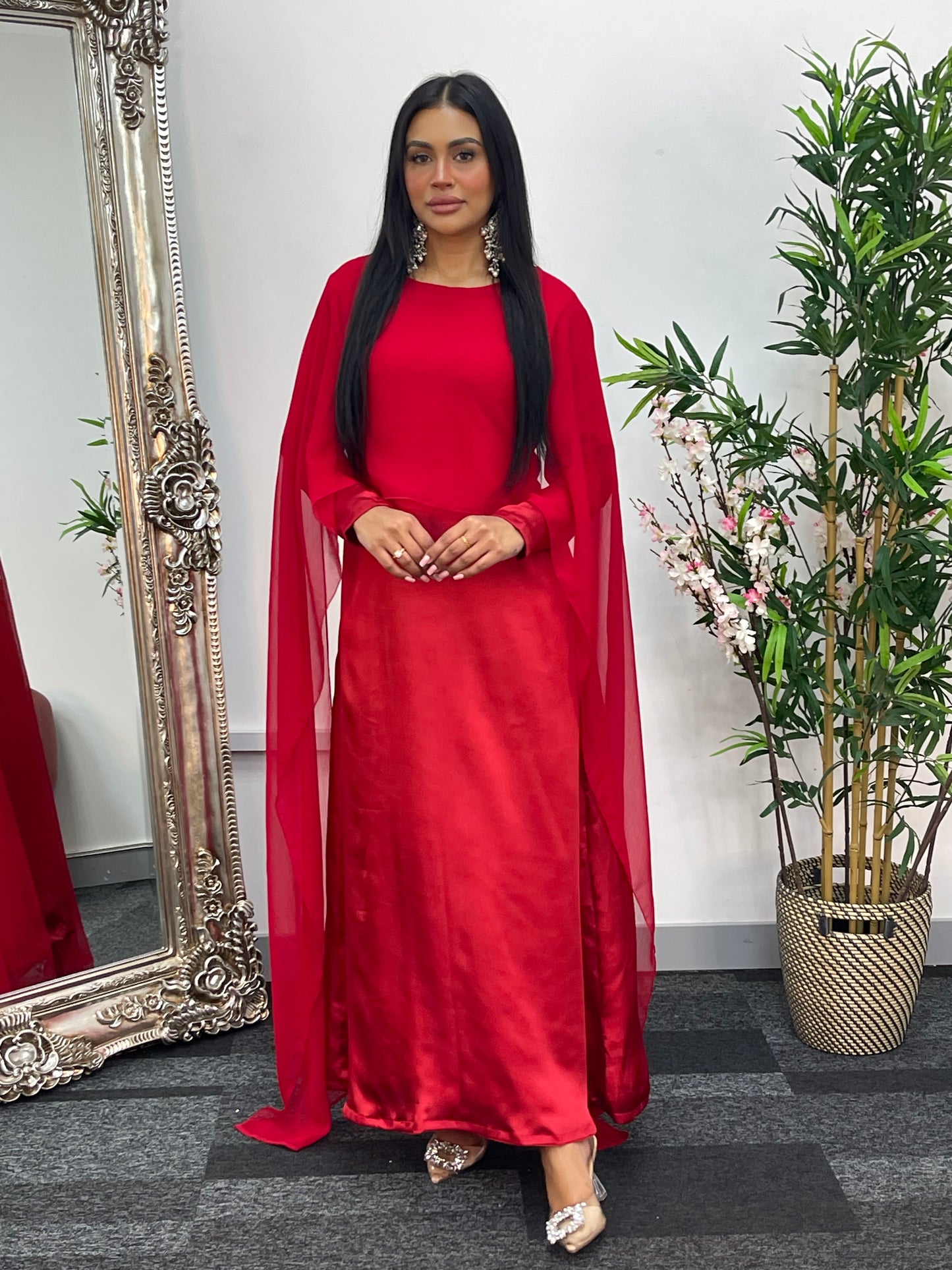 Cape Shawl Dress - Silk Chiffon - Red