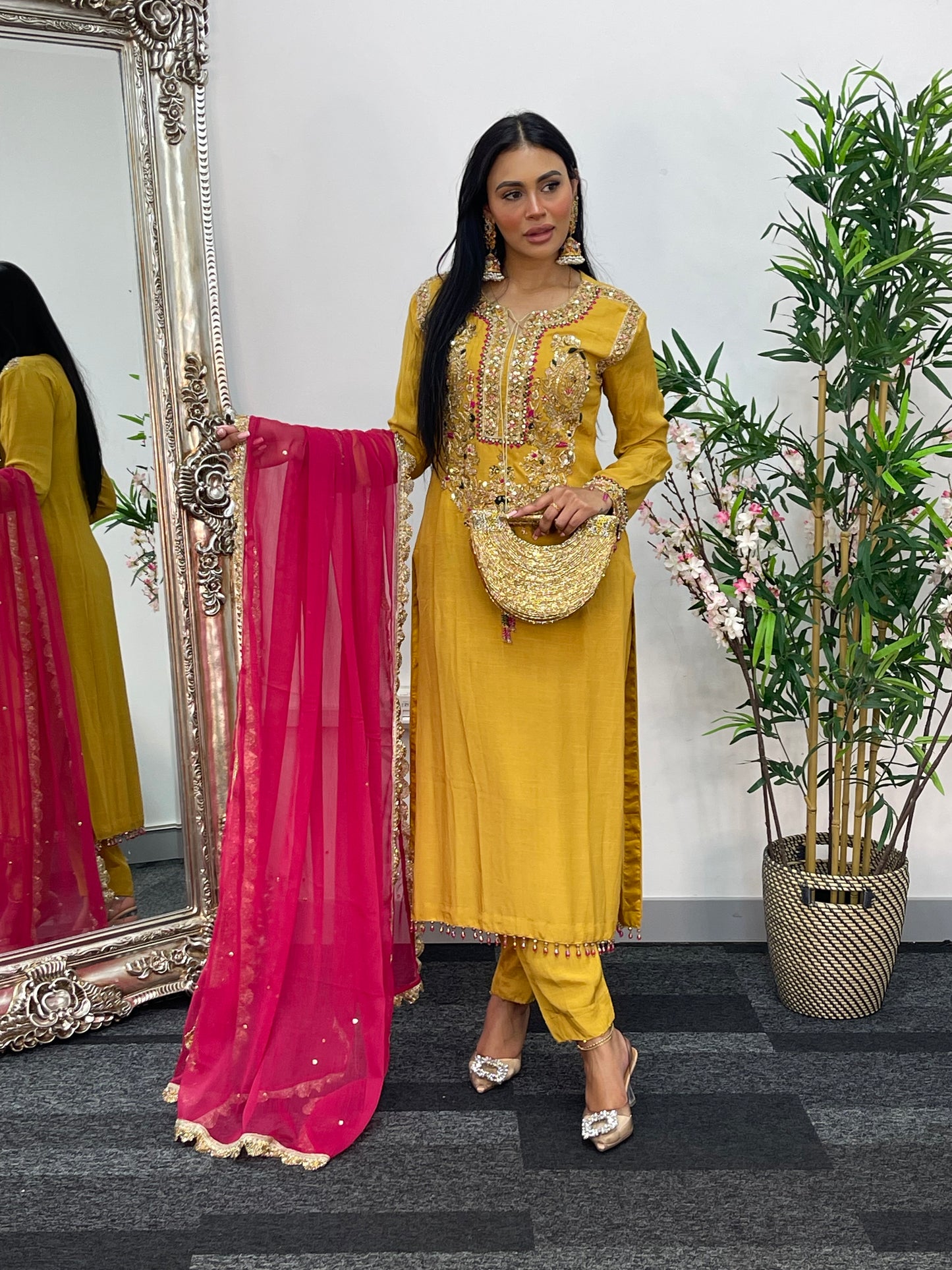 “Lashkara” - Party Wear - Yellow - Hot Pink