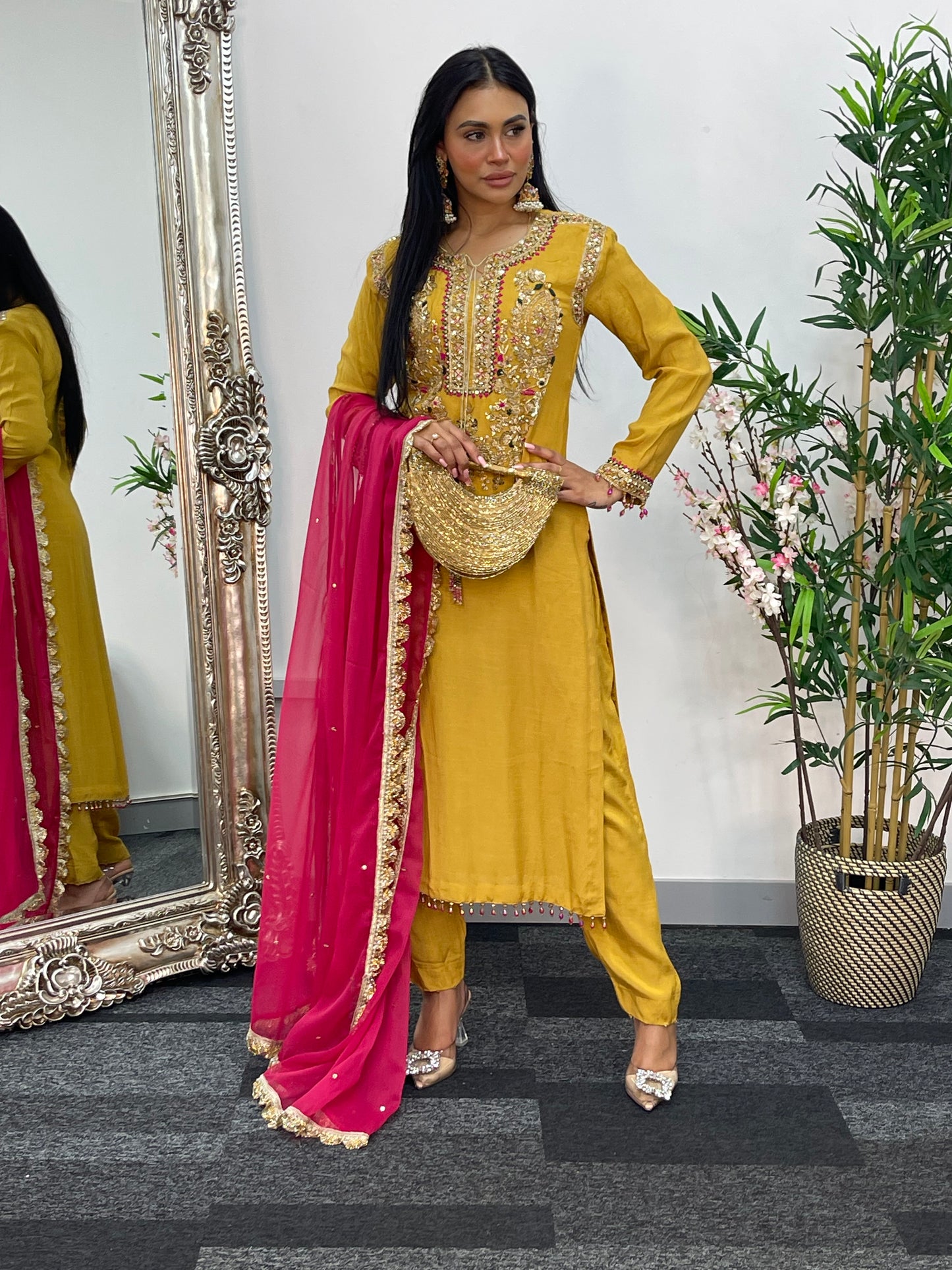 “Lashkara” - Party Wear - Yellow - Hot Pink