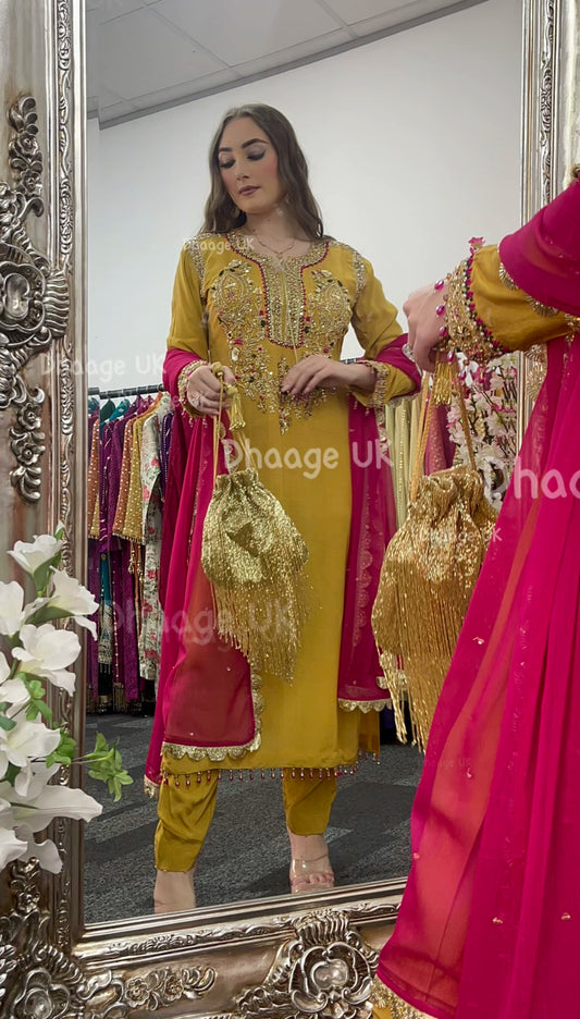 (Pre Order 3/4 Weeks) “Lashkara” - Party Wear - Yellow - Hot Pink - Mustard