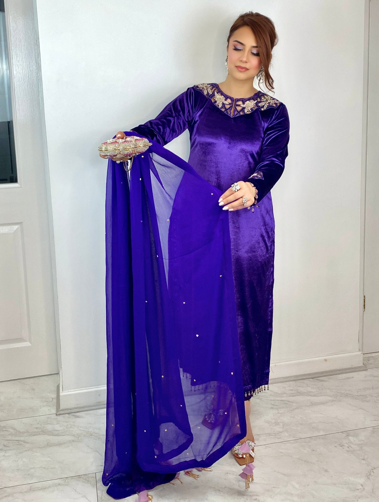 “Sheh-nai” Purple Velvet Pret with gold and Silver - Wedding Outfit