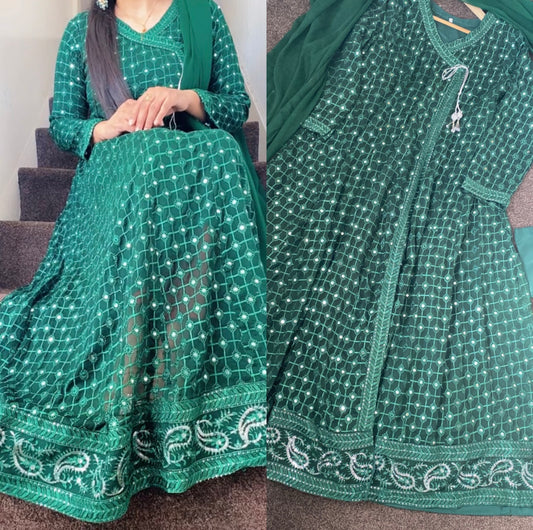 Green Chikankaari Maxi - Long Dress