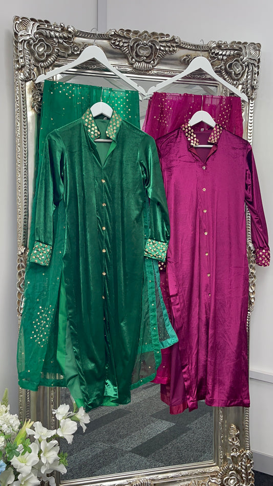 Meera l Velvet Party Outfit l Magenta l Green