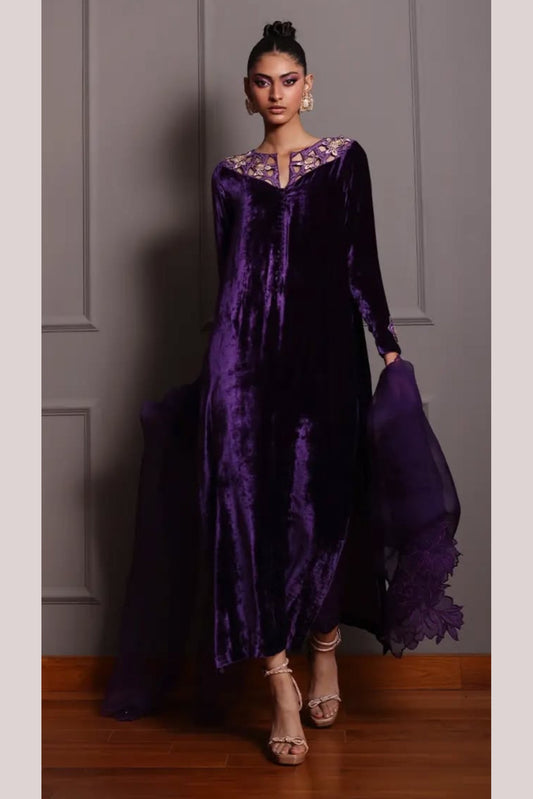 “Sheh-nai” Purple Velvet Pret with gold and Silver - Wedding Outfit