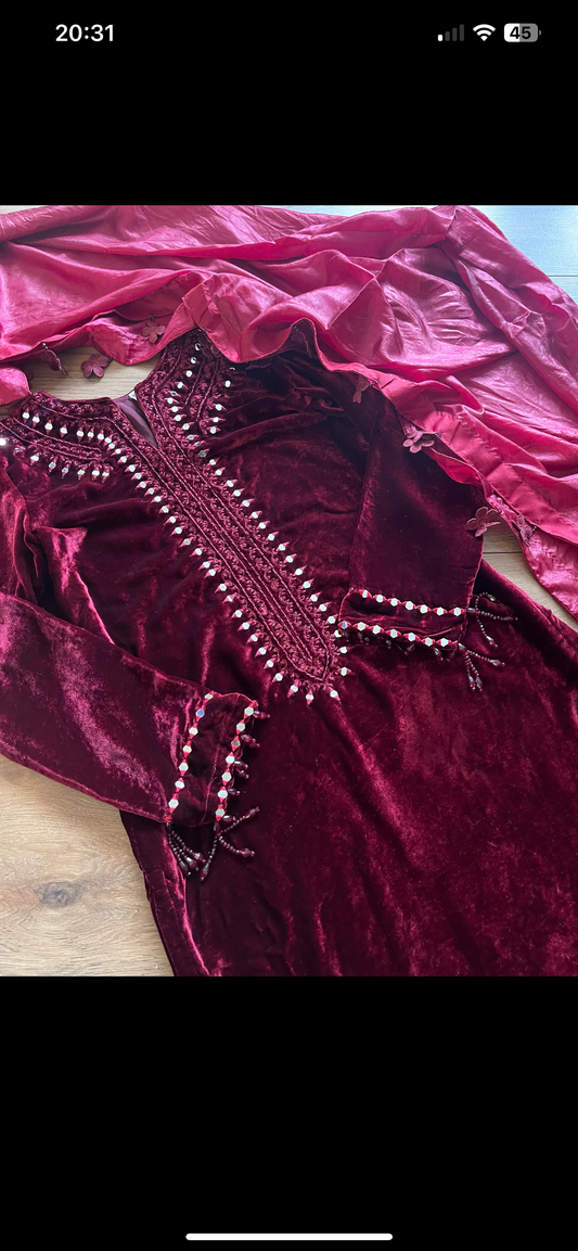 Wine - Sheesha X Velvet Maroon  Plachi Daman with silk dupatta winter