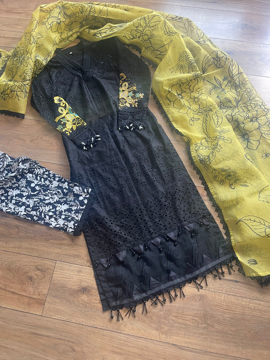 Khoobsurat _ Maria B inspired- black & yellow - chikankari