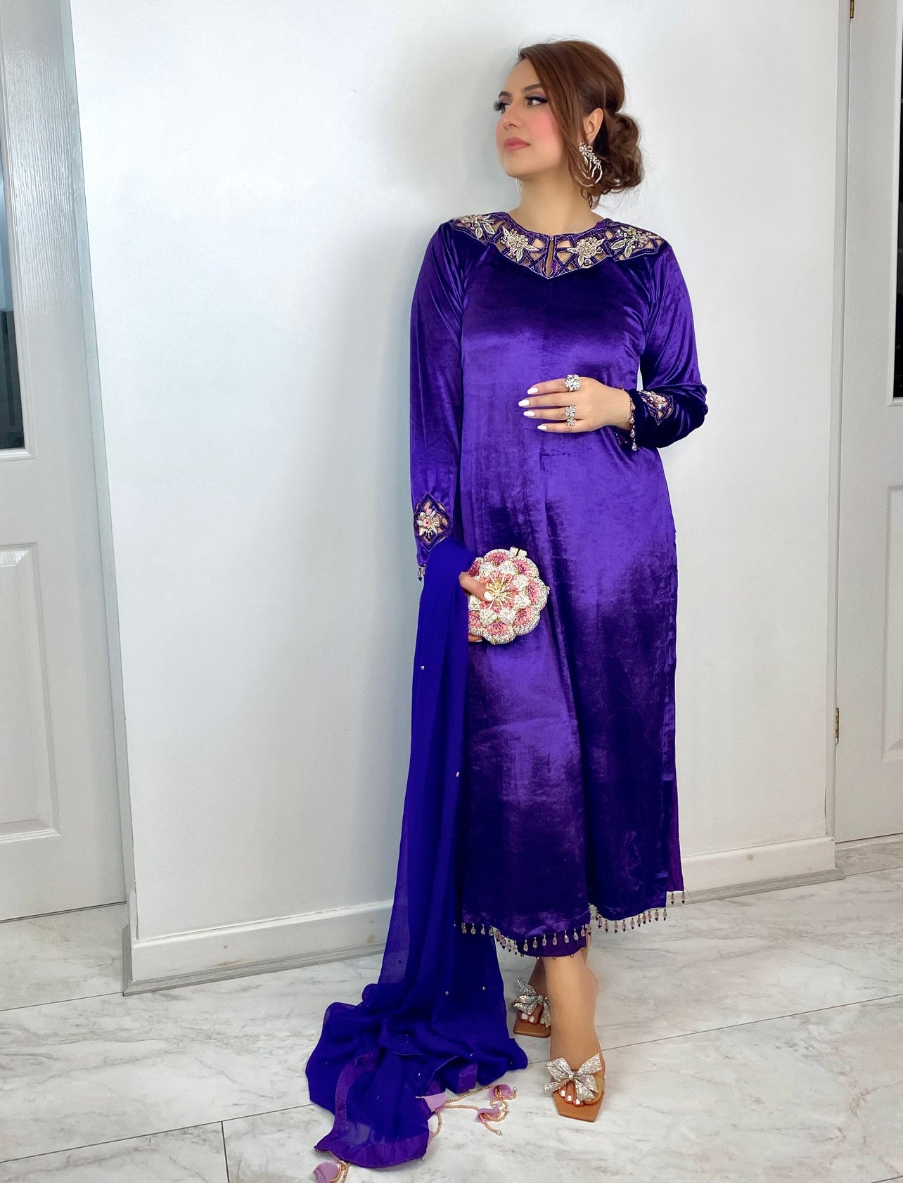 “Sheh-nai” Purple Velvet Pret with gold and Silver - Wedding Outfit