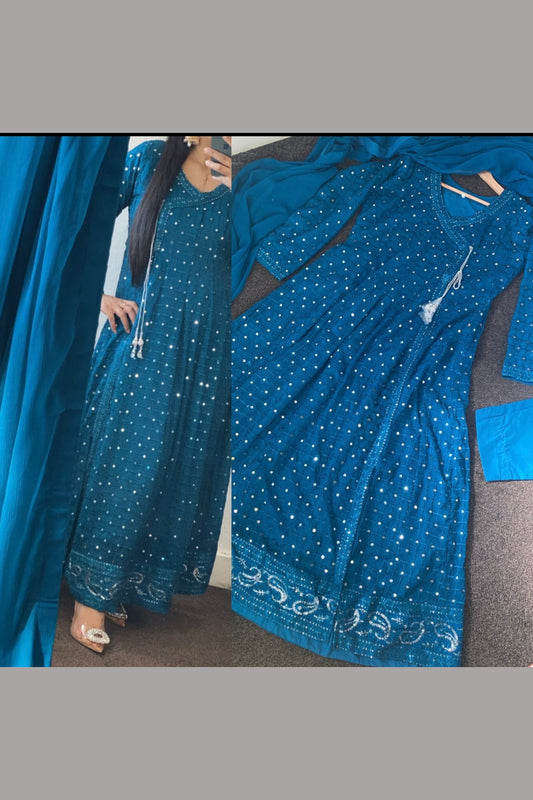 Teal Blue Chikankaari Maxi - Long Dress