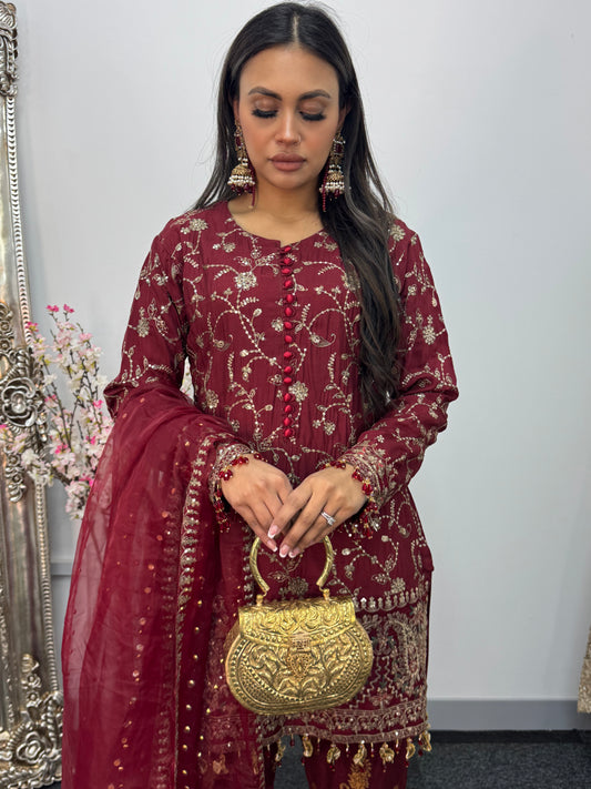 “Dulhan” Maria B Inspired - Embriodered Maroon Garara - Wedding - Jacquard - R