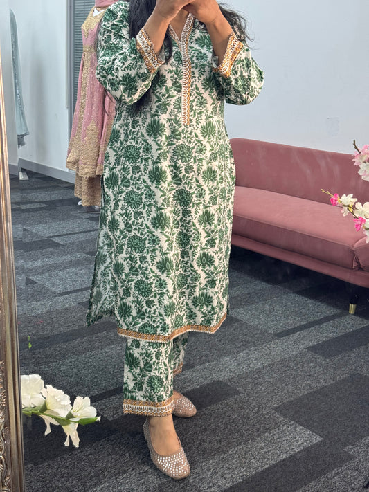 Daily Wear - 2 PC Printed Linen - Green