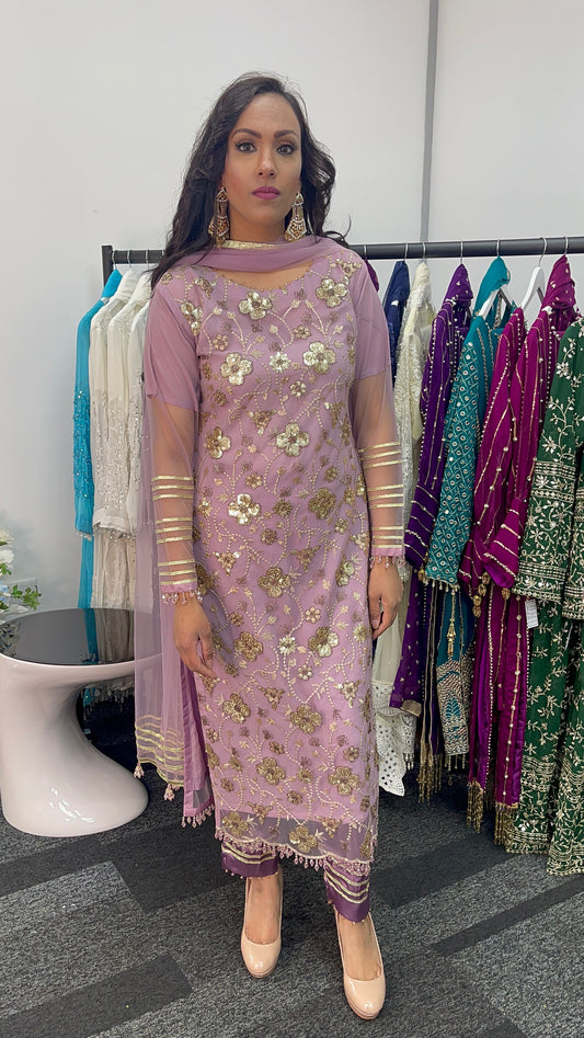 Aatish - Pink Cutdana Net - Lilac Party Outfit