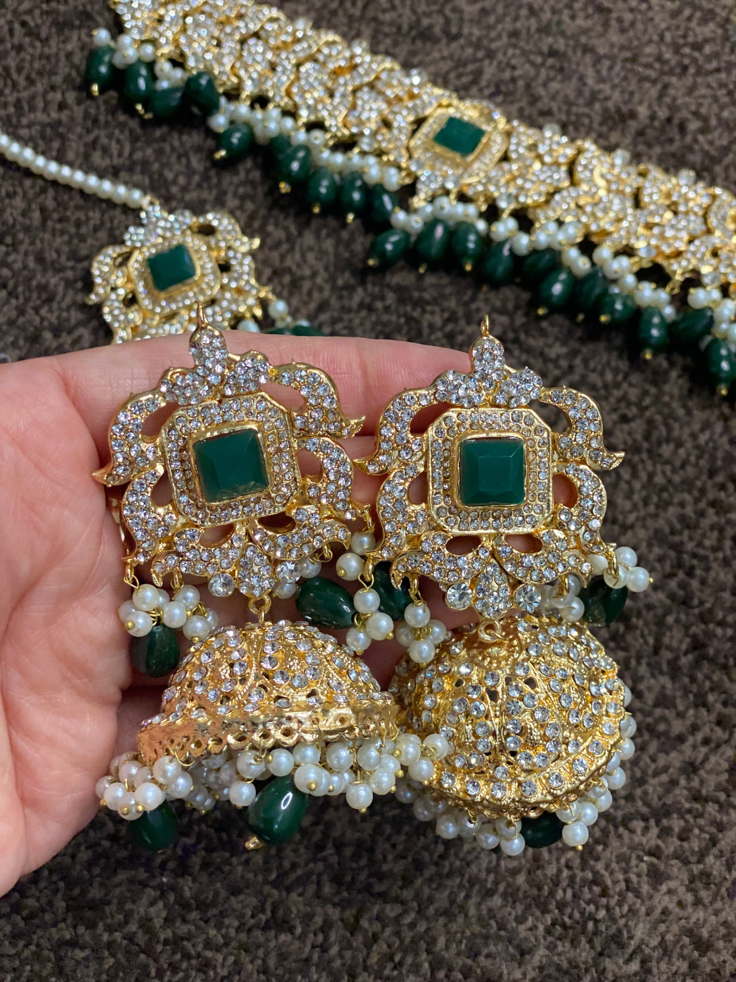 Green and Gold Set - Jhumka and Necklace Set