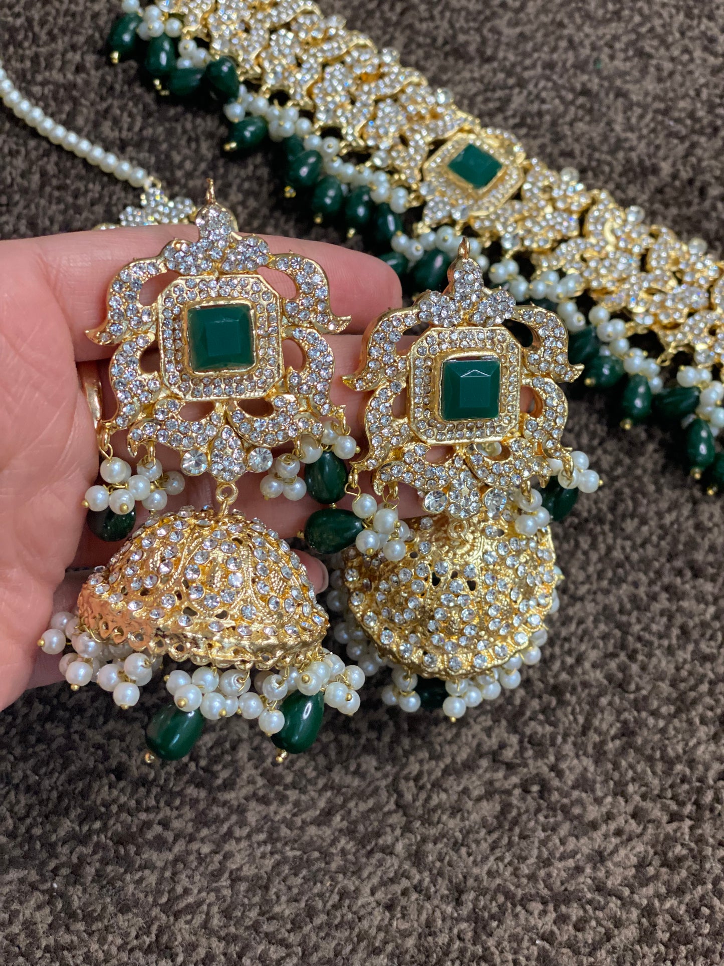 Green and Gold Set - Jhumka and Necklace Set