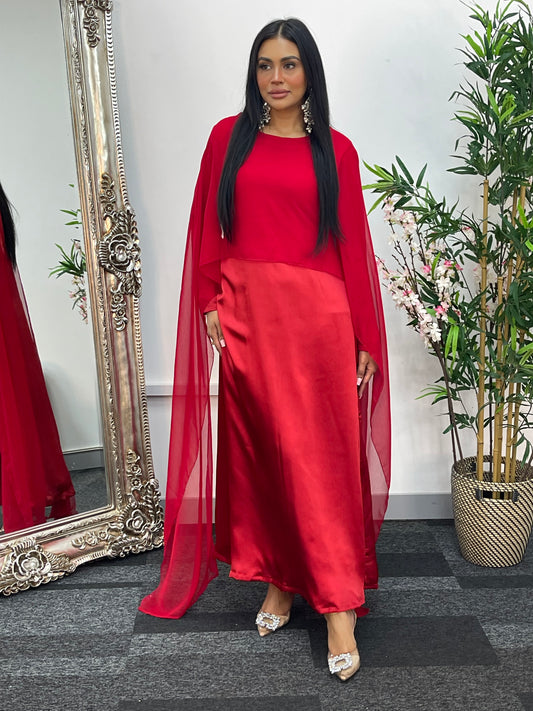 Cape Shawl Dress - Silk Chiffon  - Red