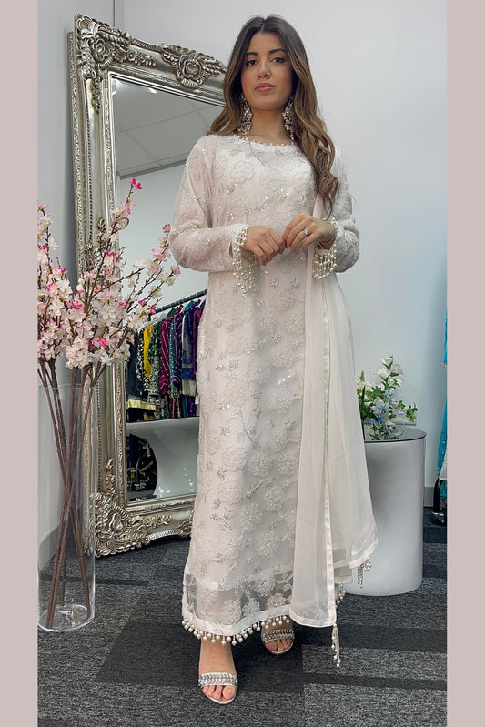 Pearl Crush - 3D Cutdana Net - White Party Outfit - Nikkah-